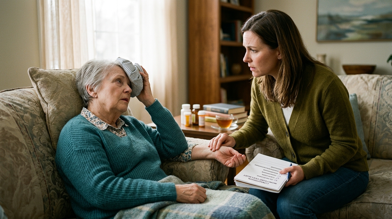Family caregiver monitoring an older adult for concussion symptoms after a fall