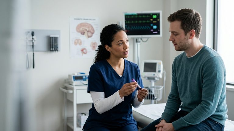 Healthcare professional discussing a blood test for concussion and mild traumatic brain injury