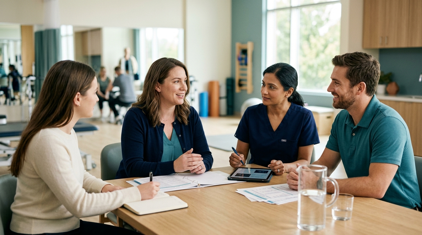 Multidisciplinary healthcare team planning long-term traumatic brain injury rehabilitation and follow-up