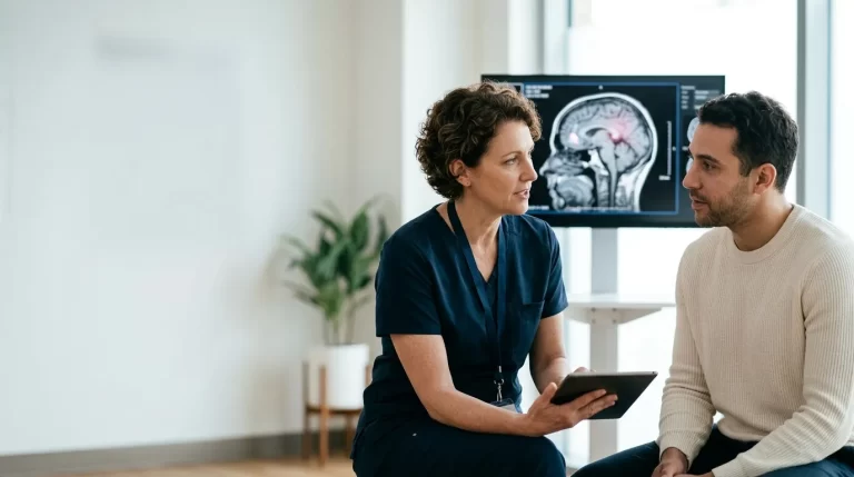 Neurologist evaluating a patient using a modern multidimensional traumatic brain injury assessment