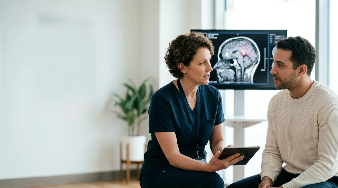 Neurologist evaluating a patient using a modern multidimensional traumatic brain injury assessment