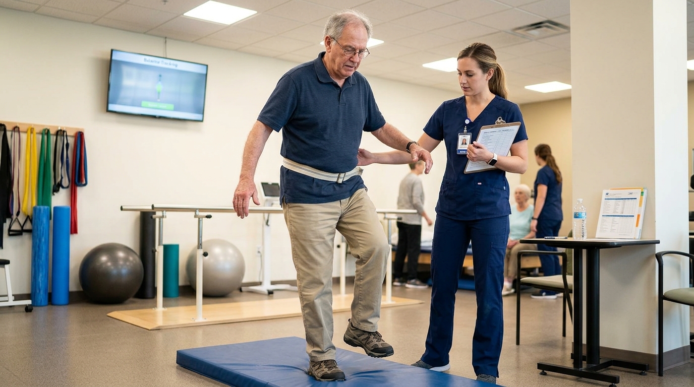 Older adult completing a balance assessment after mild traumatic brain injury