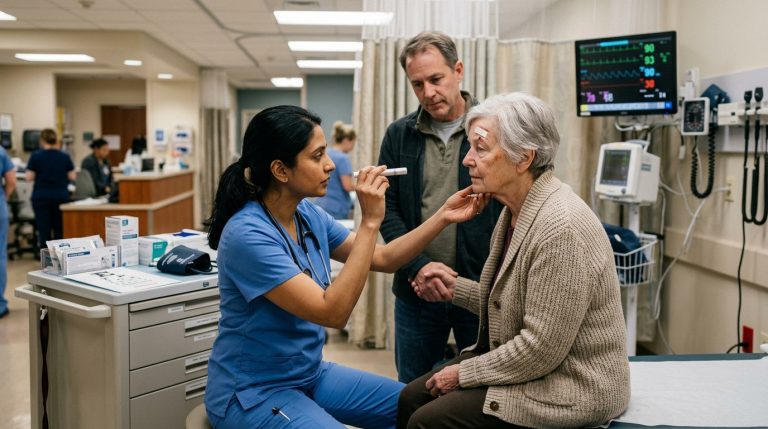 Older adult receiving a medical evaluation for concussion after a fall
