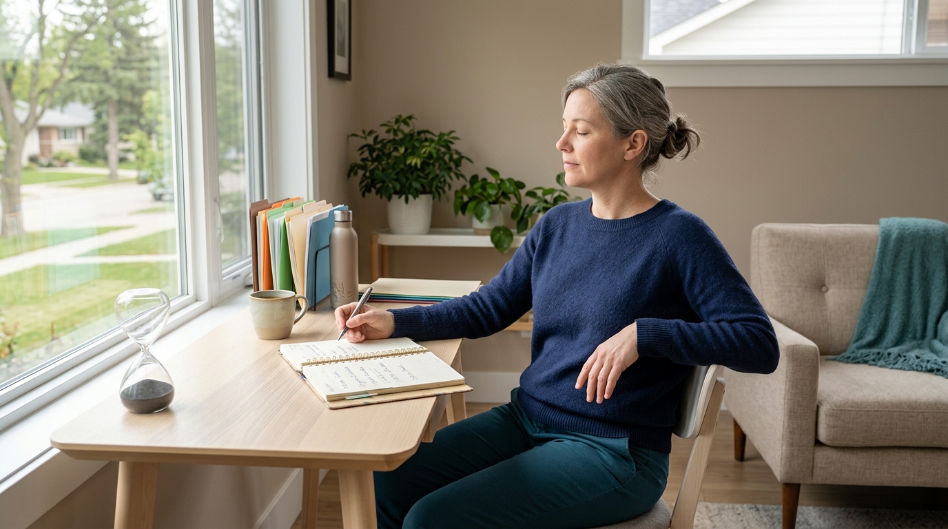 Person managing daily routines and cognitive fatigue while living with long-term TBI effects