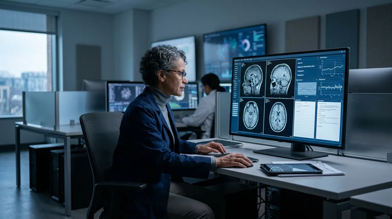 Researcher reviewing brain injury imaging and scientific data