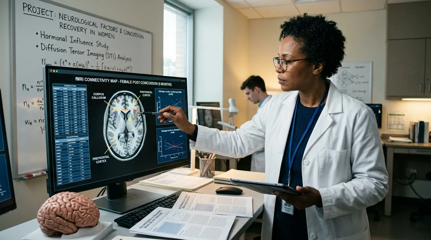 Researcher studying neurological factors that may influence concussion recovery in women