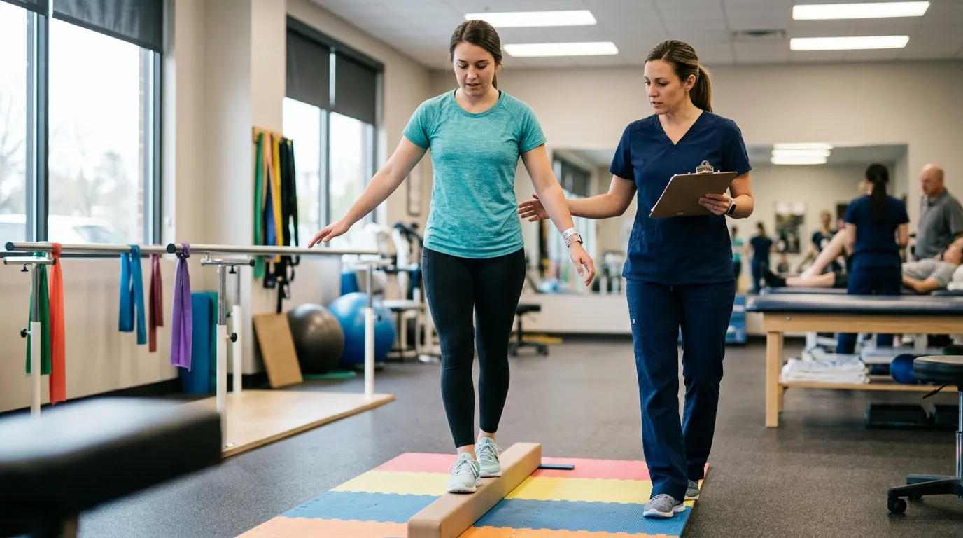 Woman completing a balance and gait assessment during concussion recovery