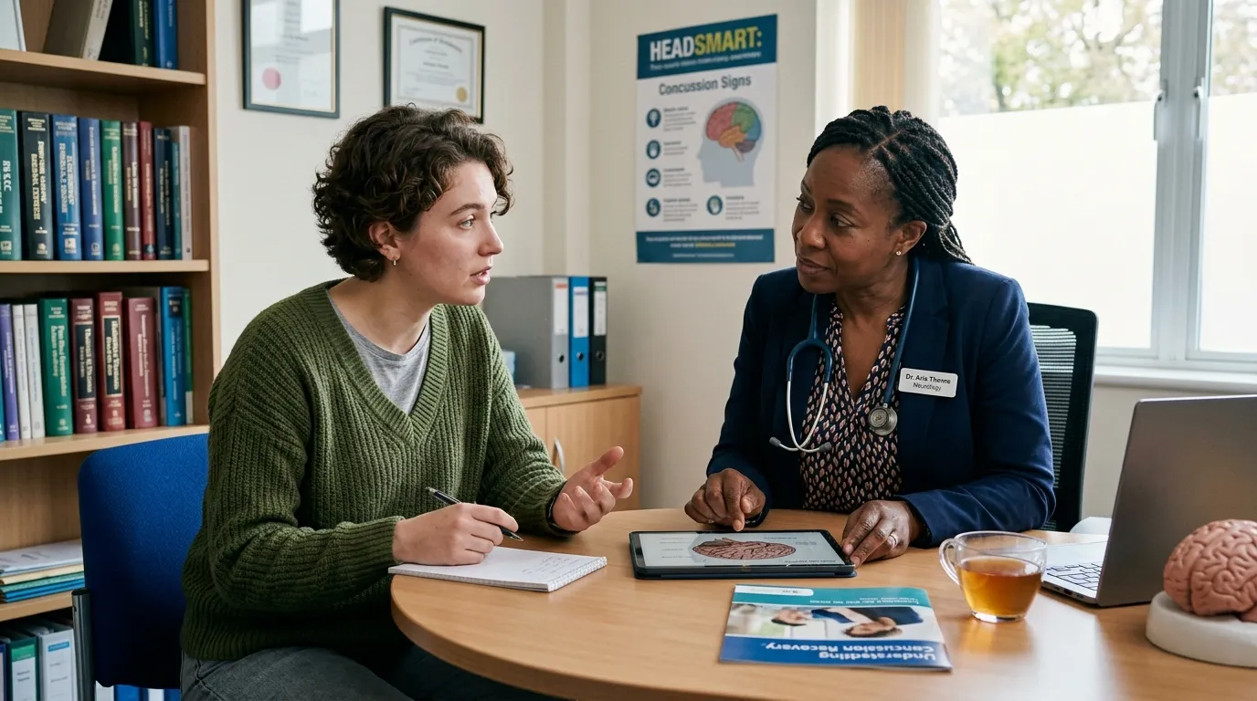 Woman discussing concussion symptoms and recovery with a neurological healthcare professional